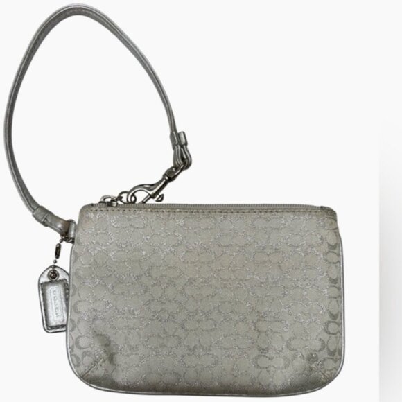 Coach Signature Jacquad Metallic (Silver) With Leather Trim Wristlet - Picture 2 of 9
